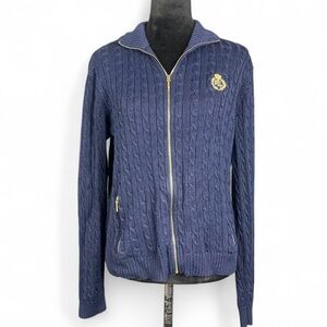 Lauren Ralph Lauren XL Cable Knit Embroidered Logo Patch Blue Sweater Preppy